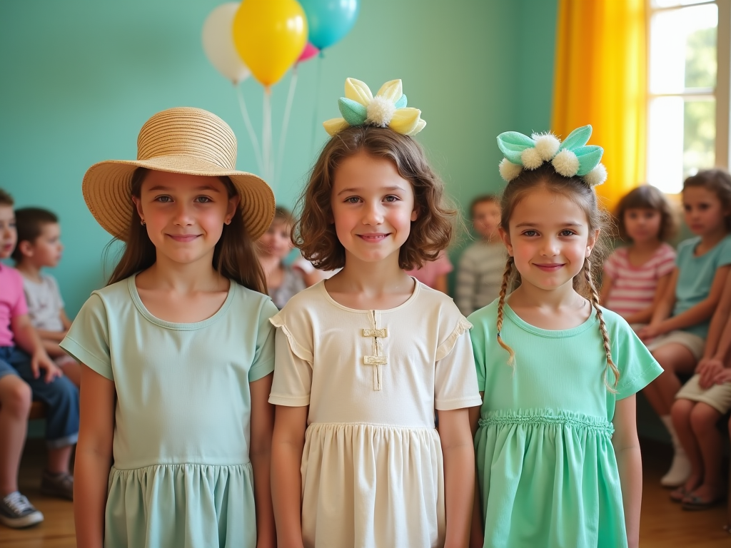 Trzy dziewczynki w pastelowych sukienkach, jedna w kapeluszu, uśmiechają się na tle dzieci i balonów.