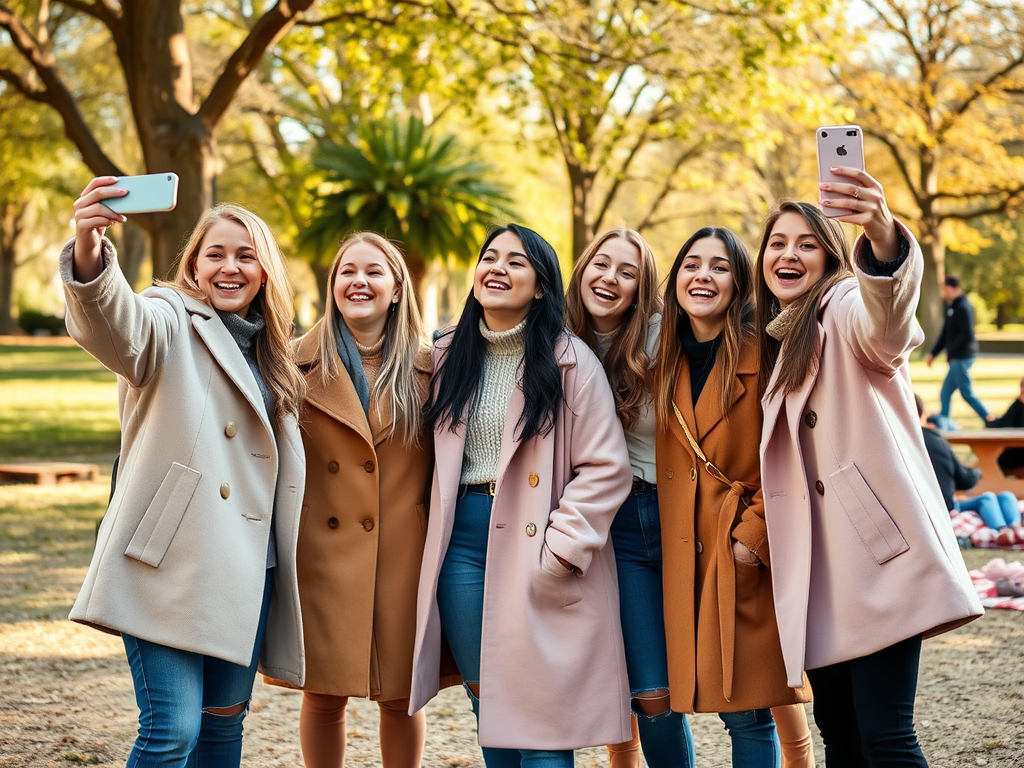 Grupa przyjaciółek robi selfie w parku, uśmiechając się i nosząc ciepłe płaszcze. Słońce świeci, a w tle drzewa.